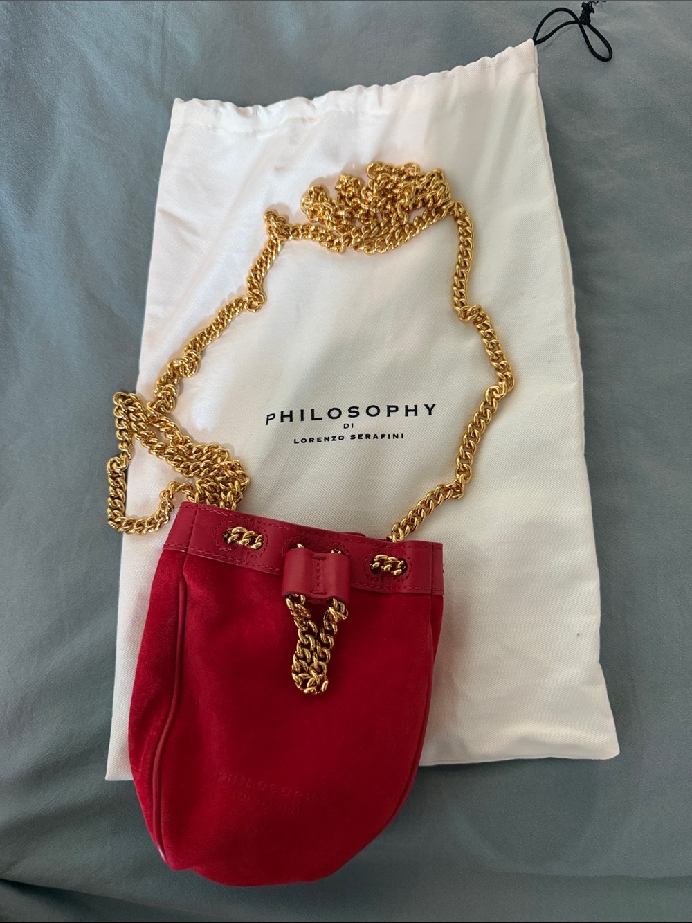 Philosophy di Lorenzo Serafini Red Suede Mini Bucket Bag w Gold Chain / Wristlet